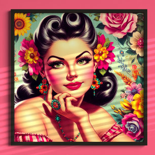 Schattig Retro Bloemstuk Speldje Portret Poster