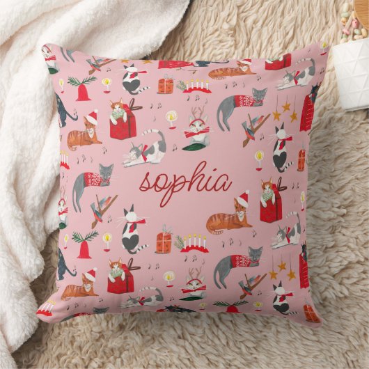 Schattig retro kat roze kerstpatroon Baby Blanke Kussen (Deken)