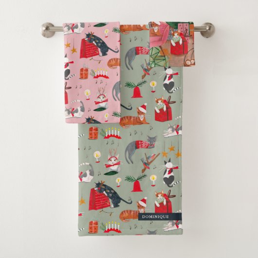Schattig retro kattenpatroon Kerstmis Bad Handdoek (Insitu)