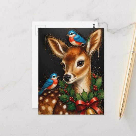 Schattig Retro Kerst Ree Briefkaart (Voorkant / Achterkant in situ)