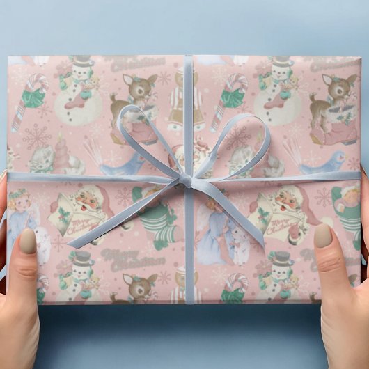 Schattig Retro Roze Groene Kerst Verpakkingspapier Cadeaupapier