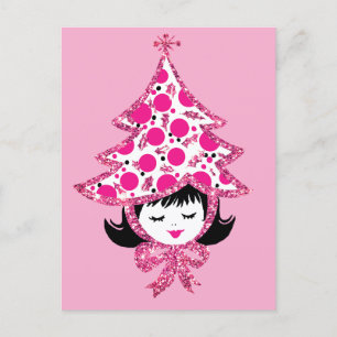 Schattig Retro Roze Kerst Meisje met Boom Hoed Feestdagenkaart