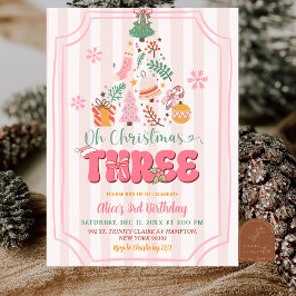 Schattig Retro Roze Meisje O Kerstmis Drie Verjaar Kaart