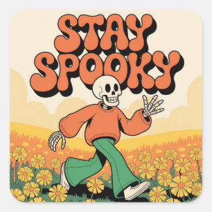 Schattig Retro Skelet Blijf Griezelig Halloween Vierkante Sticker
