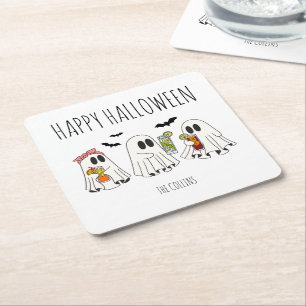 Schattig Retro Spookje en Cocktails Gelukkig Hallo Kartonnen Onderzetters