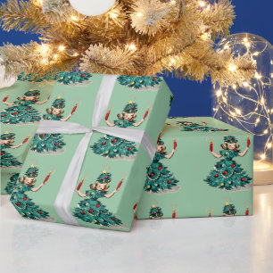Schattig Retro Vintage Kerstboom Meisje  Cadeaupapier