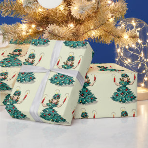 Schattig Retro Vintage Kerstboom Meisje Cadeaupapier