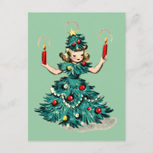 Schattig Retro Vintage Kerstboom Meisje  Feestdagenkaart