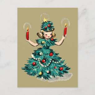 Schattig Retro Vintage Kerstboom Meisje  Feestdagenkaart