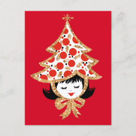 Schattig Retro Vintage Kerstmeisje met Boomhoed Feestdagenkaart