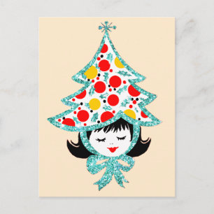 Schattig Retro Vintage Kerstmeisje met Boomhoed Feestdagenkaart