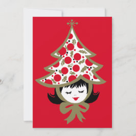 Schattig Retro Vintage Kerstmeisje met Boomhoed Feestdagenkaart