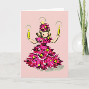 Schattig Retro Vintage Roze Kerstboom Meisje Feestdagen Kaart