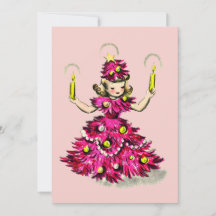 Schattig Retro Vintage Roze Kerstboom Meisje