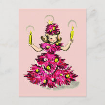 Schattig Retro Vintage Roze Kerstboom Meisje