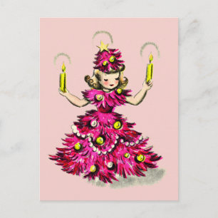 Schattig Retro Vintage Roze Kerstboom Meisje Feestdagenkaart
