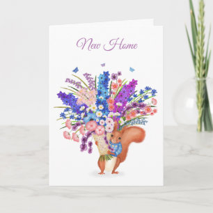 Schattig rode eekhoorntje met bloemen nieuwe huis  kaart