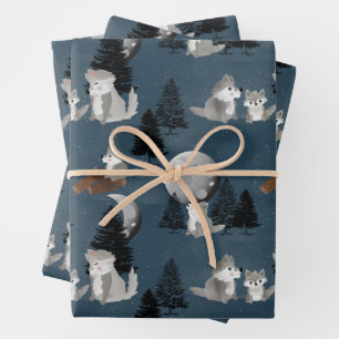 Schattig Roedel Wolven Bos Nachtelijke Hemel Maan Inpakpapier Vel