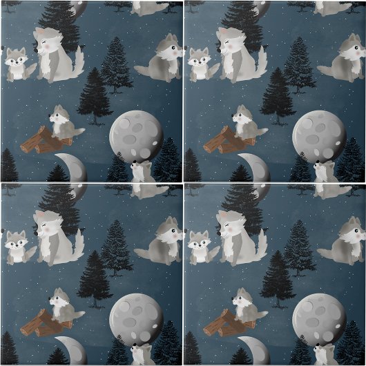 Schattig Roedel Wolven Bos Nachtelijke Hemel Maan Tegeltje