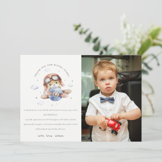 Schattig Roest Navy Vliegtuig Teddy Kids Foto Verj Bedankkaart (Staand voorkant)