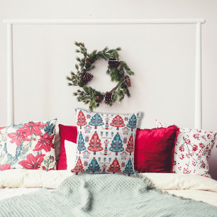 Schattig Rood Blauw Scandinavische Kerstboom Folk  Kussen