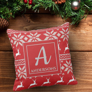 Schattig Rood Brei Herten Patroon Monogram Kussen