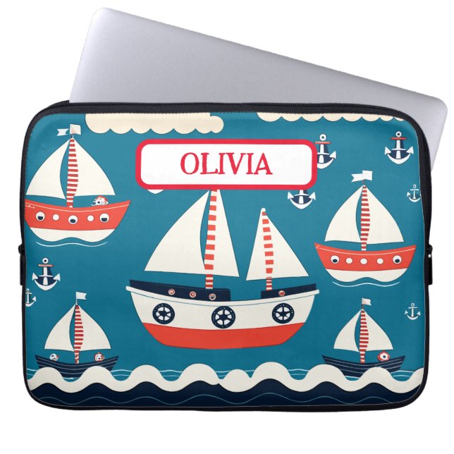 Schattig rood en wit zeilboot met ankers laptop sleeve (Voorkant)