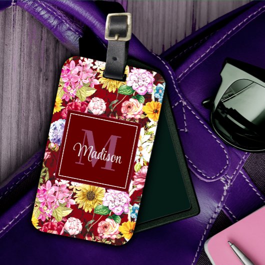 Schattig rood geel elegant Floral monogram Bagagelabel