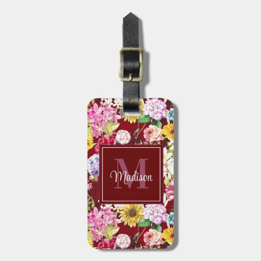 Schattig rood geel elegant Floral monogram Bagagelabel (Voorkant verticaal)
