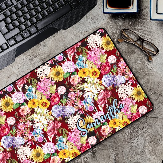 Schattig rood geel elegant Floral monogram Bureaumat