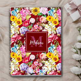 Schattig rood geel elegant Floral monogram Notitieboek