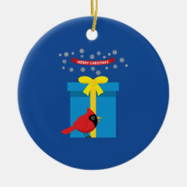Schattig rood kardinaal met blauw cadeau keramisch ornament