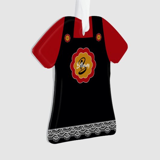 Schattig rood met grijs pinafore kant trim kerst ornament (voorkant)