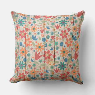 Schattig rood oranje blauw bloemmotief op wit hout kussen