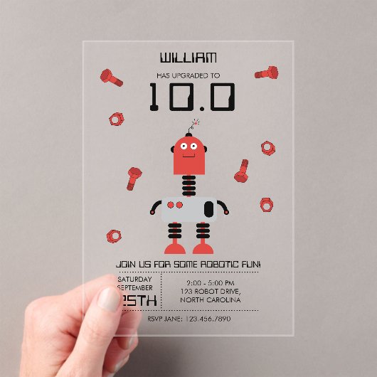 Schattig rood robot thema kids robots verjaardagsf acryl uitnodigingen (Insitu (Draagbaar))
