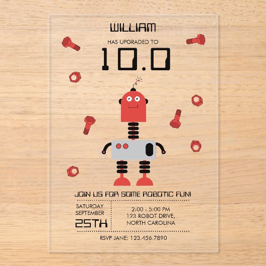 Schattig rood robot thema kids robots verjaardagsf acryl uitnodigingen (Voorkant)