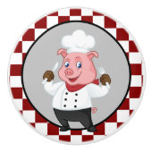 Schattig rood wit geruit chef varken keramische knop (Voorkant)