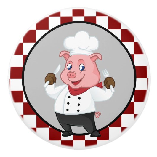 Schattig rood wit geruit chef varken keramische knop (Voorkant)