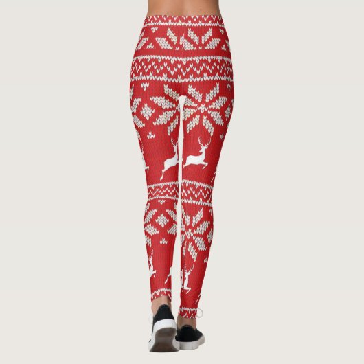Schattig Rood Wit Sneeuwvlok Herten Patroon Feeste Leggings (Achterkant)