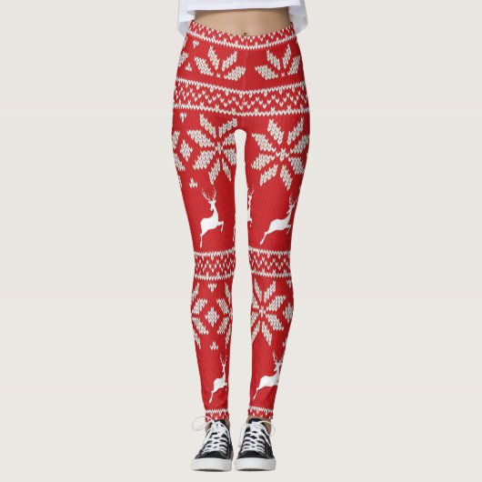 Schattig Rood Wit Sneeuwvlok Herten Patroon Feeste Leggings (Voorkant)