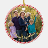 Schattig rood wit snoepriet strepen foto Kerstmis Keramisch Ornament (Voorkant)