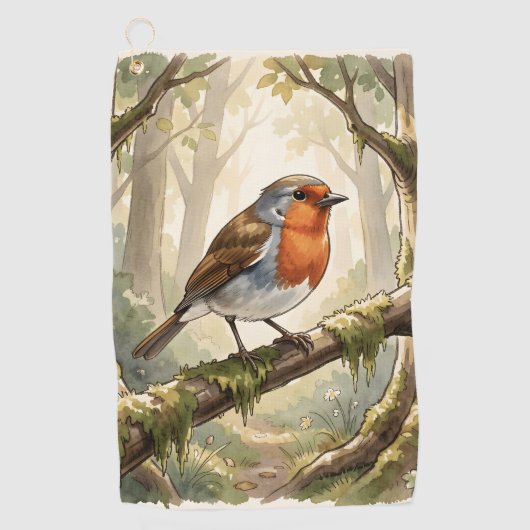 Schattig roodborstje in oud bos golfhanddoek (Voorkant)