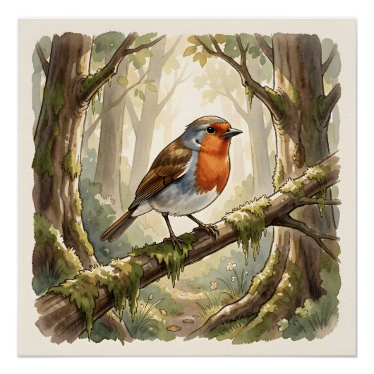 Schattig roodborstje in oude bos perfect poster (Voorkant)