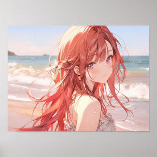 Schattig roodharig anime meisje op het strand poster