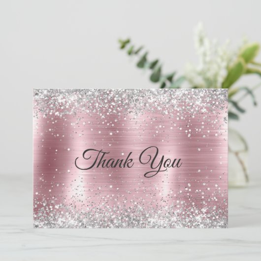 Schattig roos blush zilver faux glitter bedankkaart (Staand voorkant)