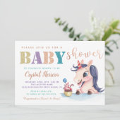 Schattig Roos Gold Glitter Unicorn Baby shower Kaart (Staand voorkant)
