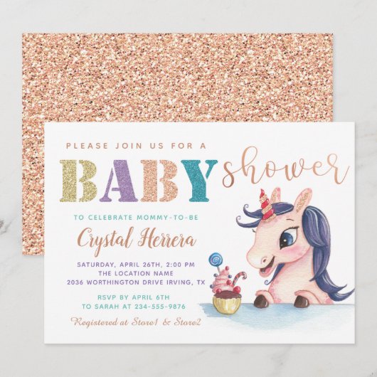 Schattig Roos Gold Glitter Unicorn Baby shower Kaart (Voorkant / Achterkant)