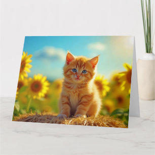 Schattig rossig kitten in een veld van zonnebloeme kaart