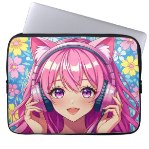 Schattig Roze Anime Meisje met Hoofdtelefoon Laptop Sleeve