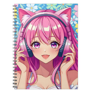 Schattig Roze Anime Meisje met Hoofdtelefoon Notitieboek